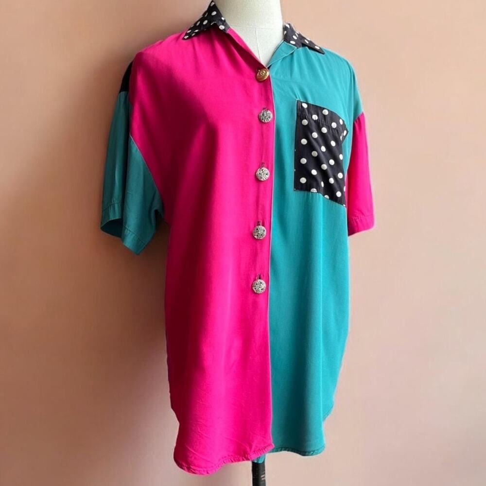 Vintage 80s Colorblock Polka Dot Blouse | Teal Hot Pink Oversized Rayon Top | M